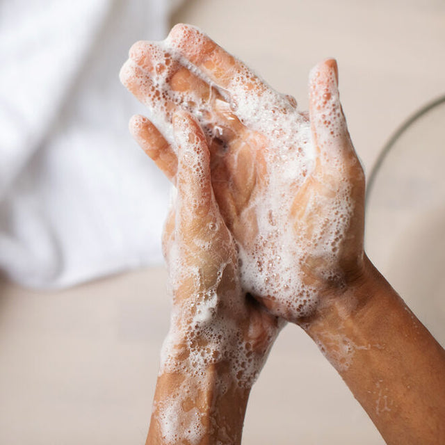 A pair of wet hands with lather from the Liquid Sunshine foaming hand soap