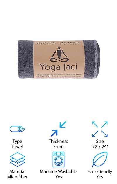The Yoga Jaci Skidless Hot Yoga Towel comes in two different sizes: a hand towel size and a mat towel size. Both versions are worth having for their specific purposes. Use the mat towel to pose over, and it will soak up your sweat, stay dry while you are in session, and keep a steady grip so you can practice with ease. Keep the hand towel close by for when you want to quickly wipe the sweat from your face, and you will be the most comfortable yoga practitioner in the studio. You will be sure to stay dry and balanced with this product.